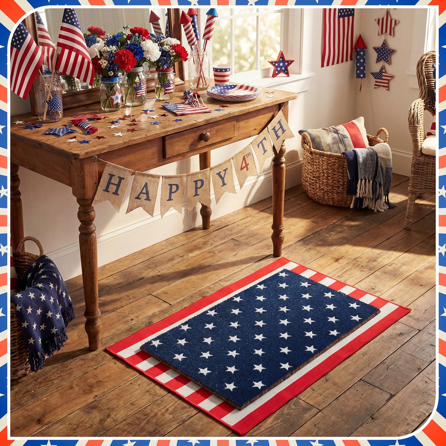 Breling 2 Pcs 4th of July Door Mat Set, Layered Thick Mats Combo with Blue Star Red Stripe American Flag Design for Independence 250 Anniversary Memorial Day Coco Coir Doormat for Front Porch Outdoor