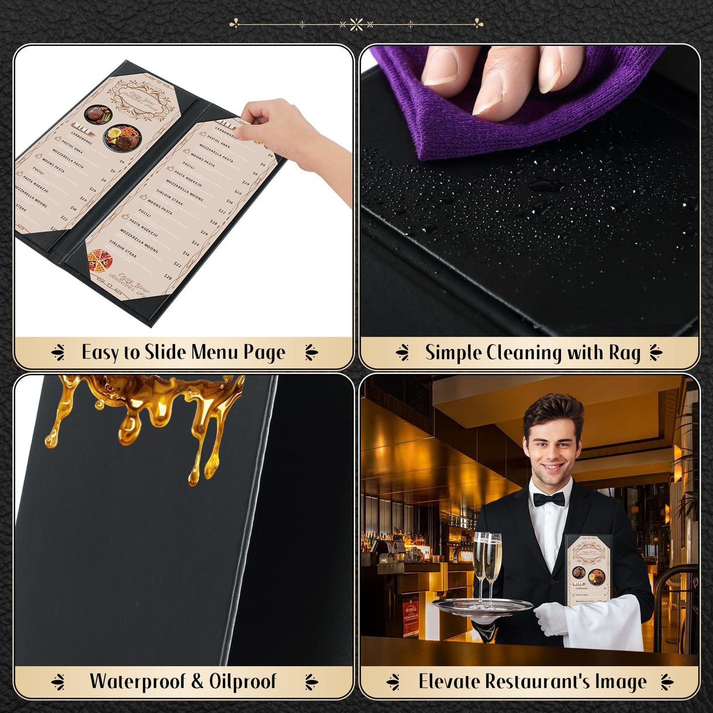 FLKQC Menu Covers 4.25" x 11" – 5 Pack 2 View Black PU Leather Restaurant Menu Holders, Double Panel with Angled Corners for Food Menus, Wine Lists & Drink Specials & Cocktail, Perfect for Parties