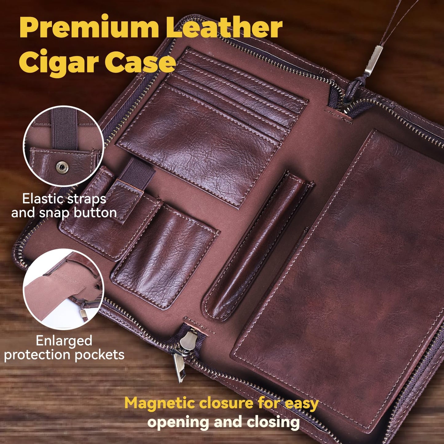 MCKDERWRILL Portable Travel Leather Cigar Case, Handmade Full Grain Leather Cigar Box, Holds 5-6 Cigars, Cigar Humidor, Cigar Accessories for Men Gift