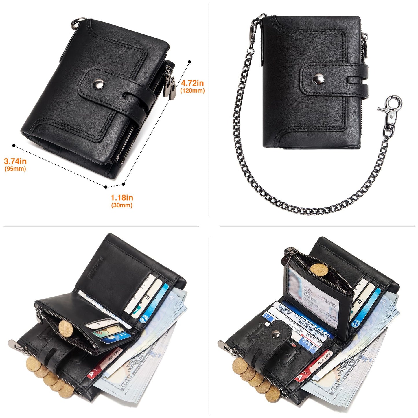 Wallet with Chain,Genuine Leather Purse RFID Blocking Bifold Double Zipper Coin Pocket with Anti-Theft Chain, Pickpocket Proof Chain Wallets for Men (Black)