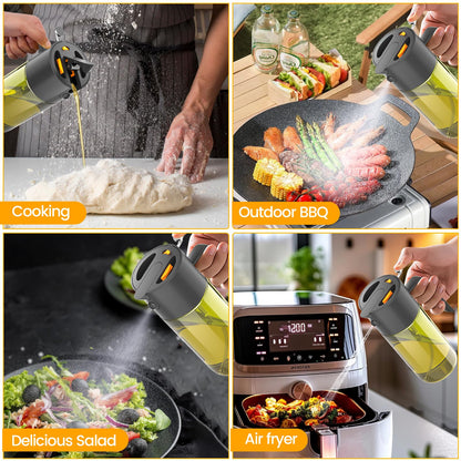 2-IN-1 500ml/17oz Light-Blocking Dark Oil Sprayer for Cooking with Sticker, Dark Green Glass Olive Oil Dispenser Bottle for Kitchen, Even Spray with Portion Control, Perfect for Air Fryer, BBQ - Black