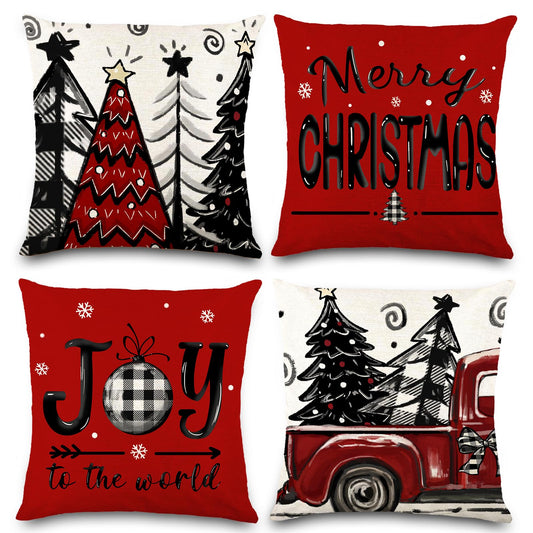 DIYDEC 4pcs Christmas Pillow Covers 20x20 Inch Red Pillow Covers Xmas Decorations Buffalo Tree Truck Merry Christmas Pillows Winter Holiday Farmhouse Seasonal Throw Case Decor for Sofa Couch