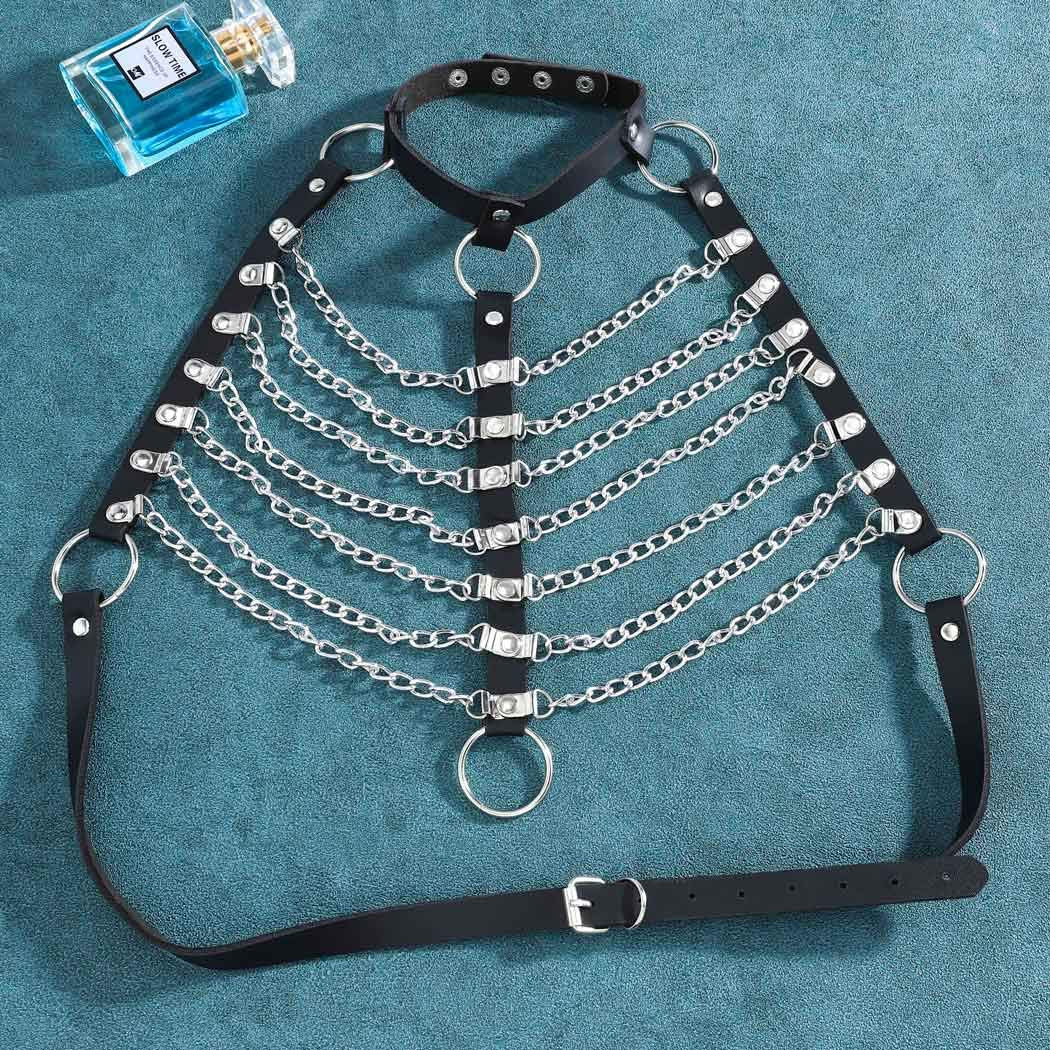 Zoestar Leather Chest Harness Chain Belt Black Fashion Rave Body Accessories for Women