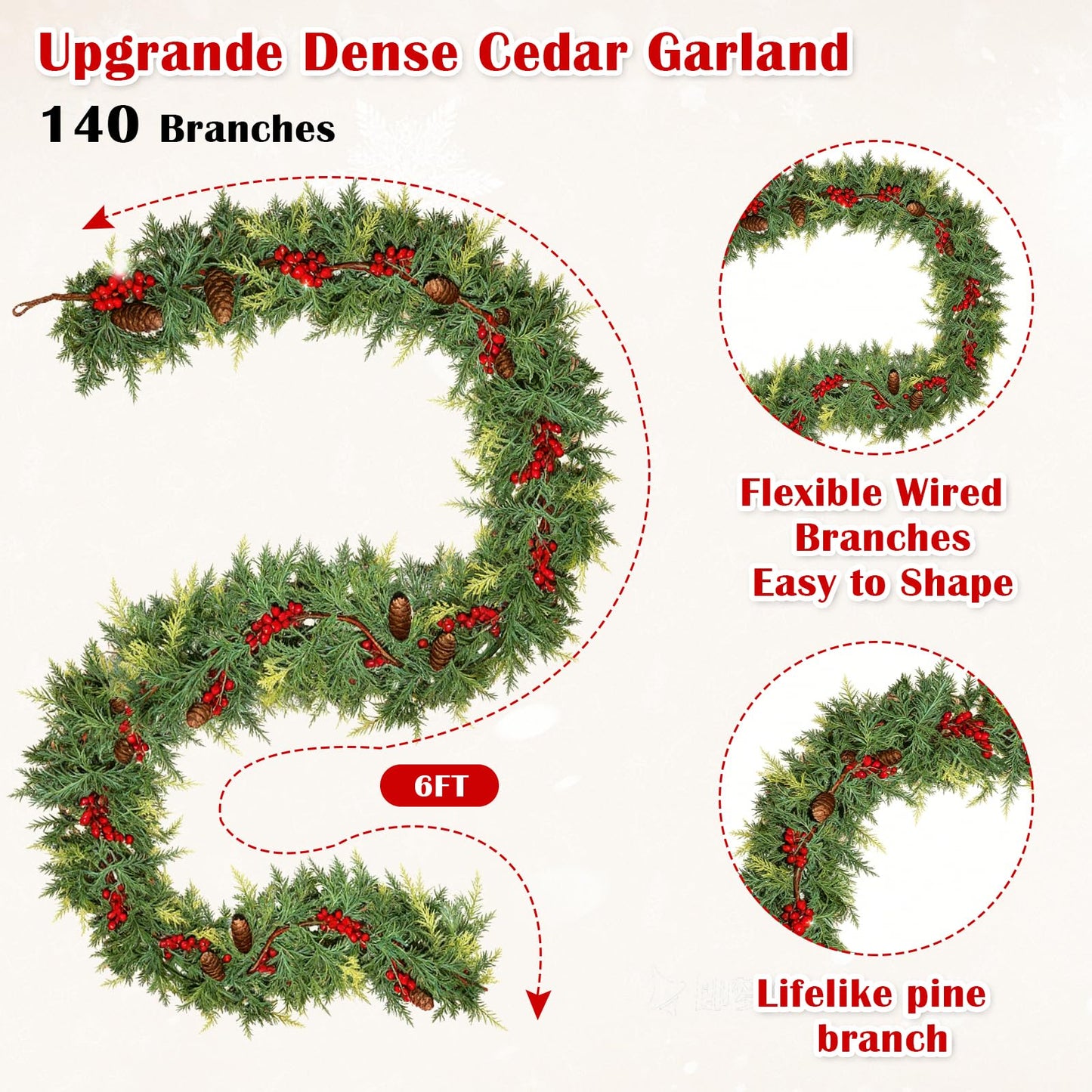 6 FT Christmas Cedar Garland, Real Touch Soft & Thickness Greenery Pine Garland with Lights Battery Operated for Mantle Table Fireplace Outdoor Indoor Christmas Decor