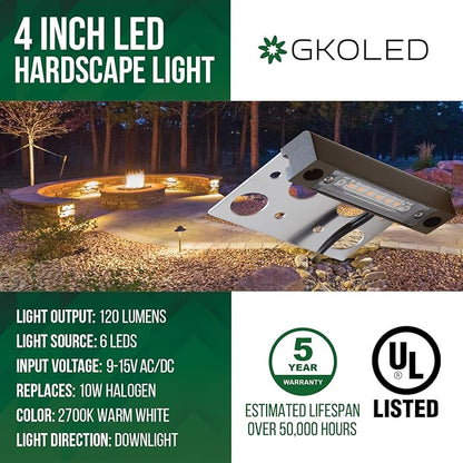 GKOLED 4 Inches LED Hardscape Light, Paver Wall Light, 2W 2700K LED Lighting Source, Outdoor Step Lights, Solid Powder Coated Die-cast Aluminum Housing, Low Voltage 12V AC/DC, Pack of 4, UL Listed