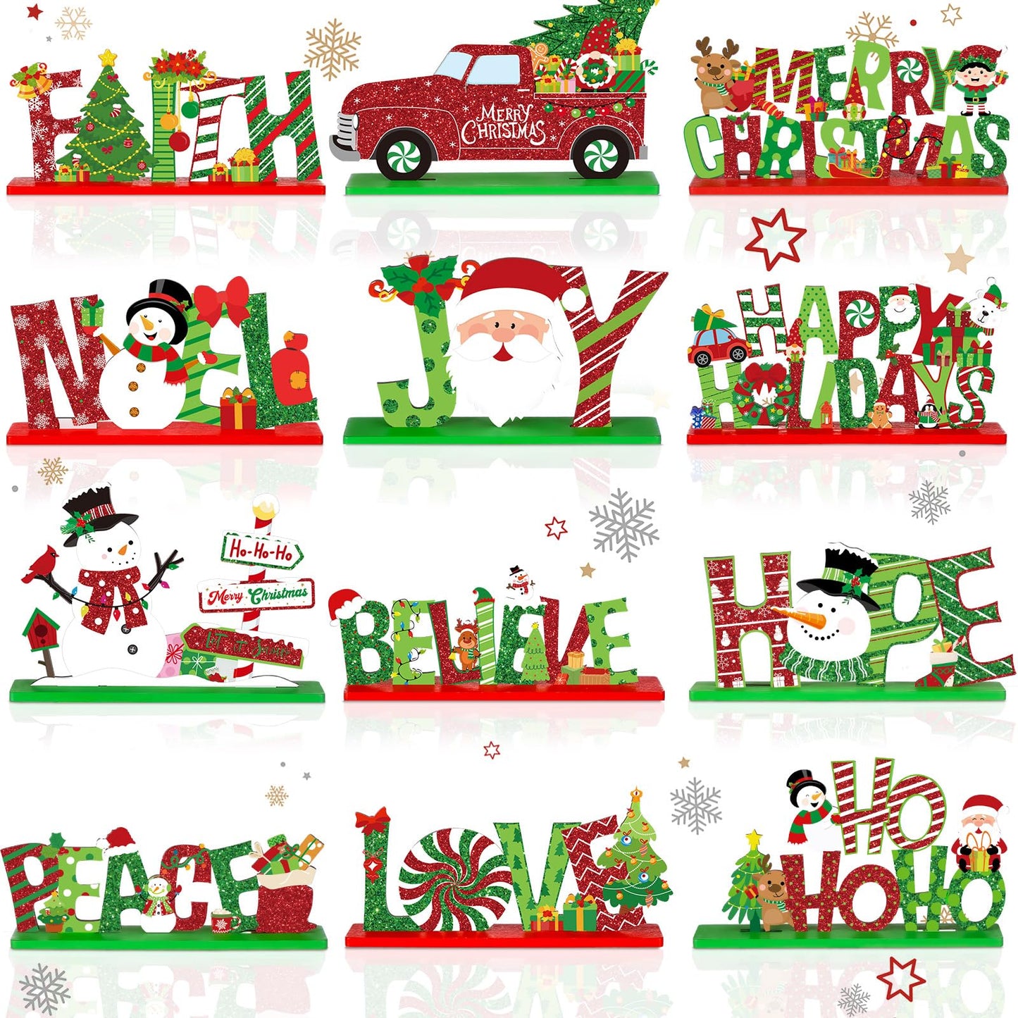 Marsui 12 Pcs Christmas Wooden Table Decor Xmas Decorative Home Table Centerpiece Merry Christmas Wood Signs Lime Green and Red Hope Believe Joy Noel Peace Love Wooden Signs for Party Decoration