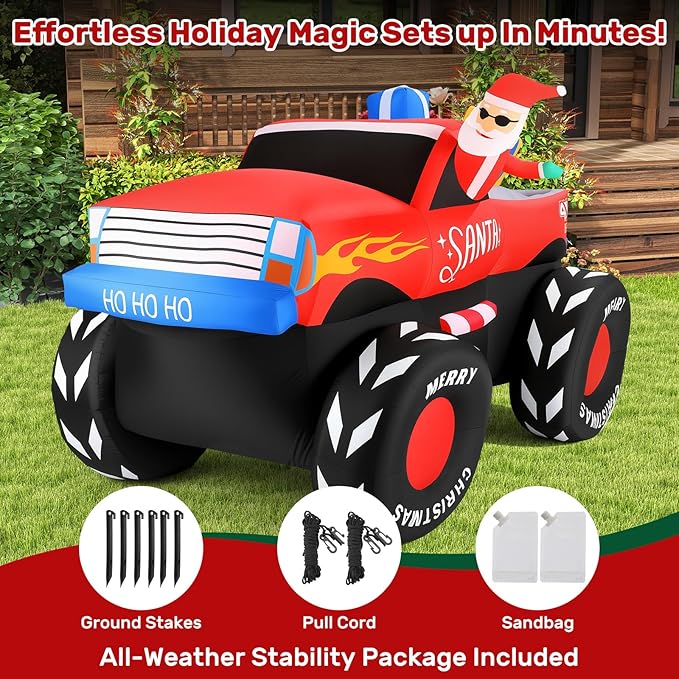 7FT Christmas Inflatables Outdoor, Santa Claus on Monster Truck Blow Up Yard Decor with Built-in LED Lights, Waterproof Xmas Decorations for Garden Lawn Holiday Party