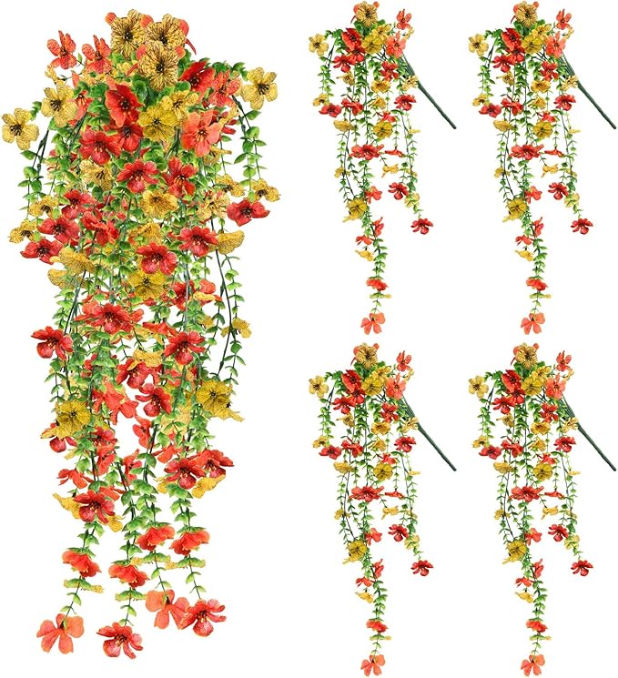 Artificial Flowers for Fall Decor, Artificial Hanging Flowers for Outdoors, 4pcs Realistic Faux Daisy Baskets Fake Plants for Autumn Thanksgiving Garden Front Porch Courtyard Patio (Orange Yellow)
