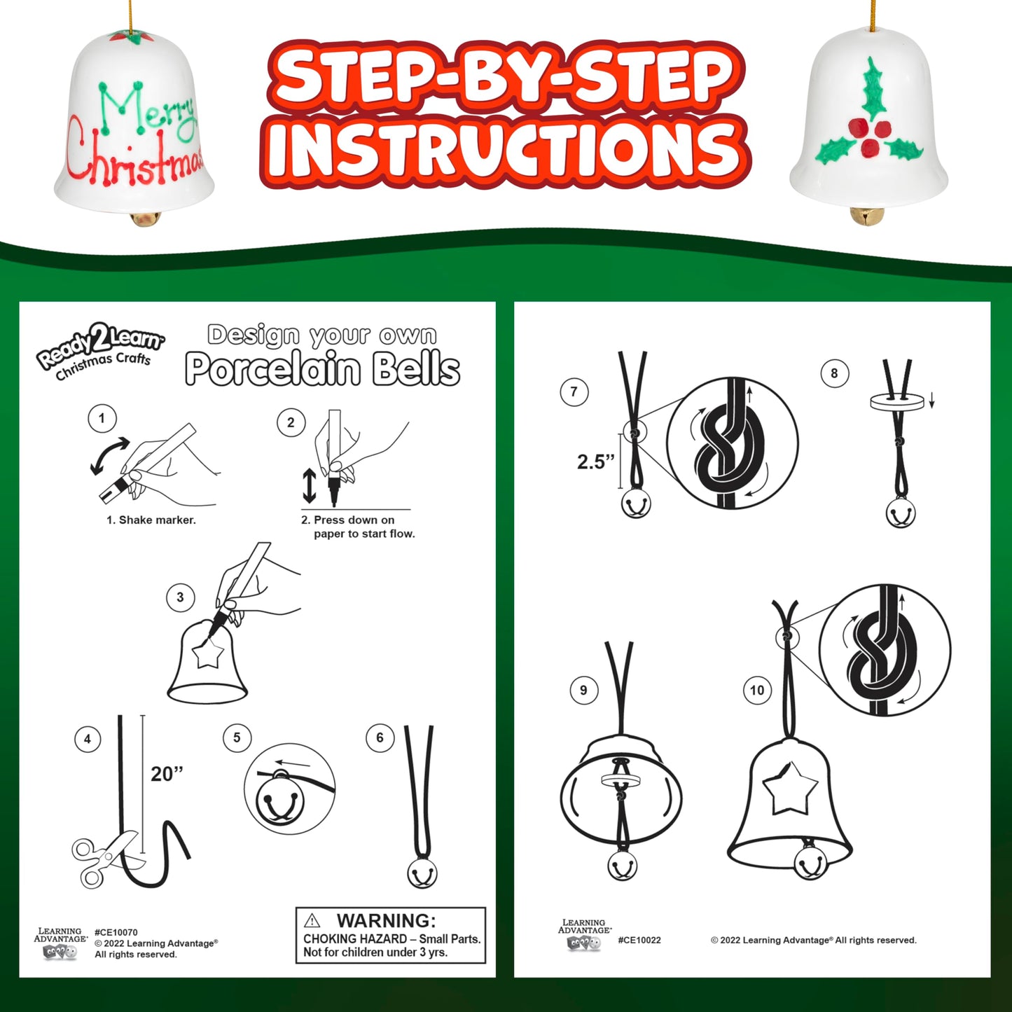 READY 2 LEARN Christmas Crafts - Design Your Own Porcelain Bells - Set of 3 - Craft Kit for Kids - Christmas Tree Decorations - All Materials Included