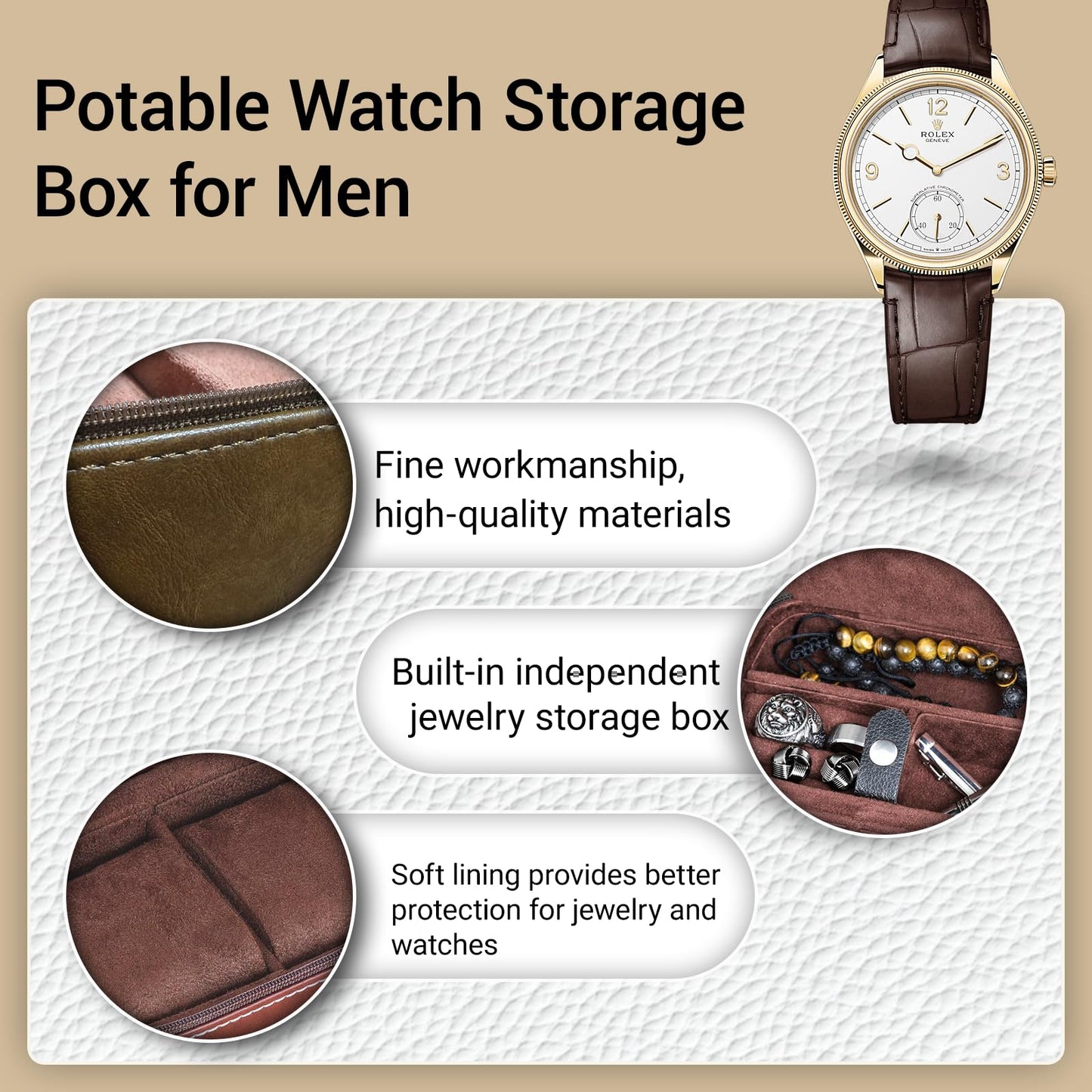 CONBOLA Watch Case for Men - Travel Watch Box for 2 Watches & Smartwatches - Travel Jewelry Case with Accessory Compartment - Compact PU Leather Watch Box for Men & Travel Essentials Organizer