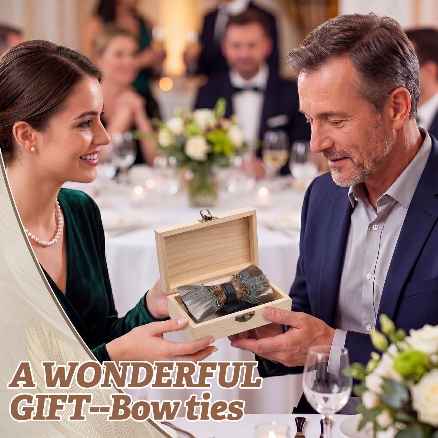 Suhine Pre Tied Feather Bow Tie for Men, Handmade Formal Bow Tie with Brooch, Wood Gift Box Set for Wedding Tuxedo Party (Brown Turquoise)