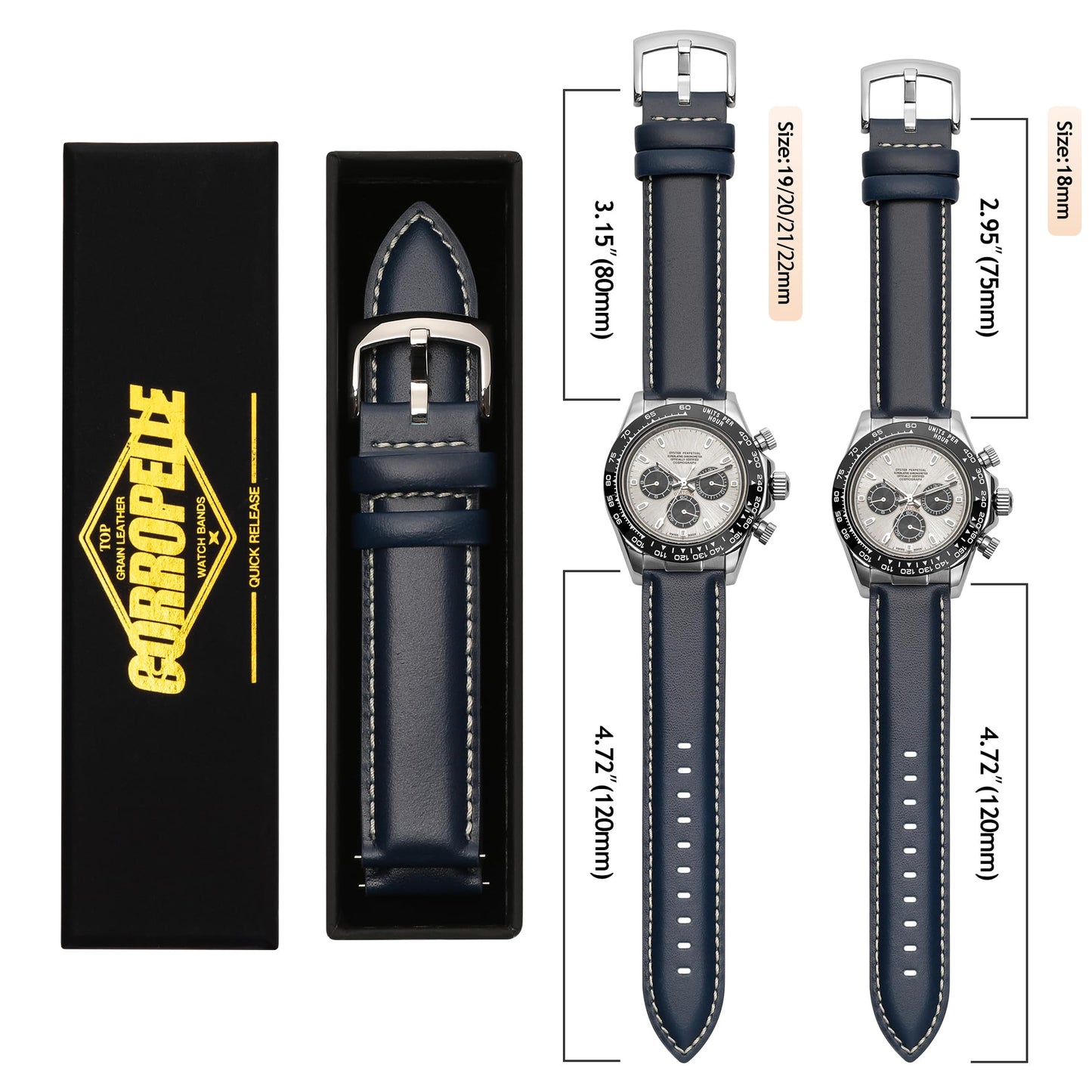 CORROPELLE Leather Watch Bands Quick Release, Elegant Top Grain Leather Watch Straps Band Replacement for Men and Women, Watch and Smartwatch, Choice of Width 18mm 19mm 20mm 21mm 22mm