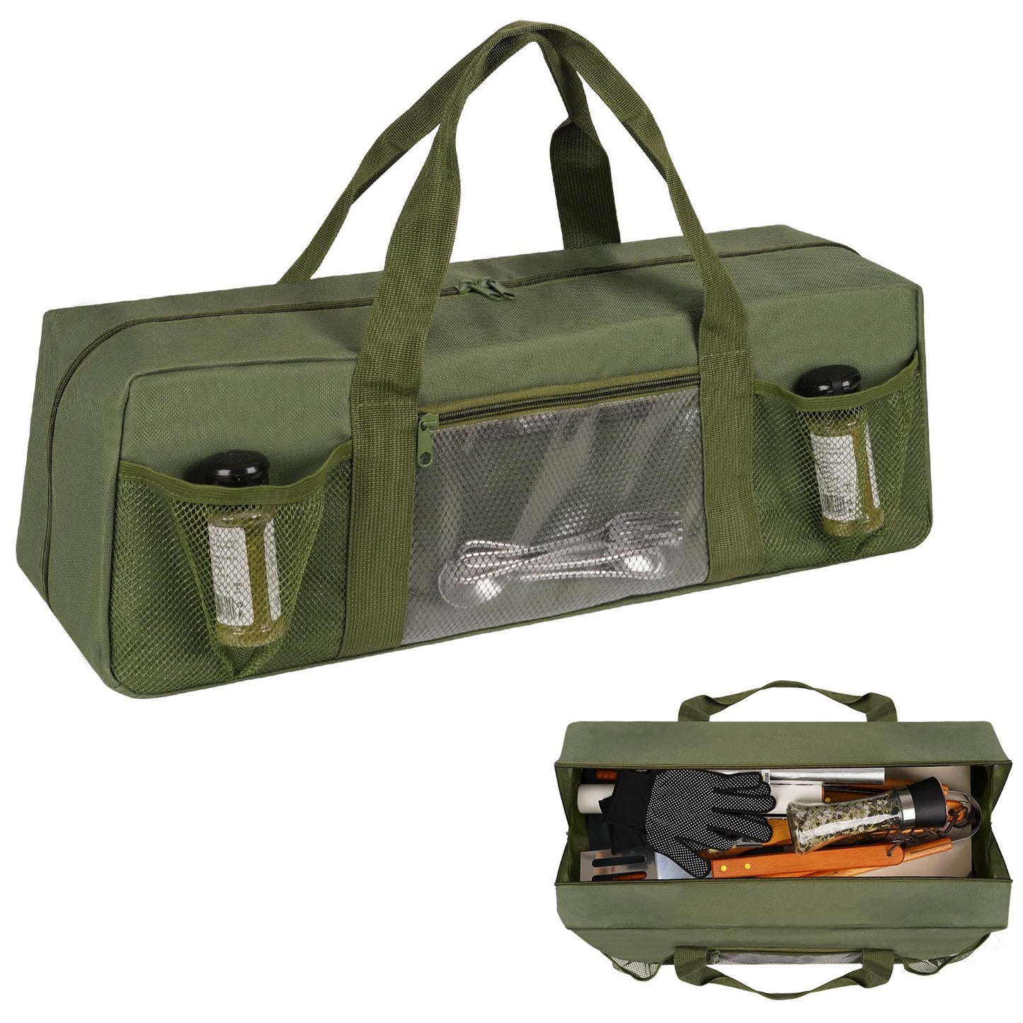 Frjjthchy Grill Tool Storage Bag, Large Grill Utensil Storage Caddy with Pockets, Portable Grill Accessory Storage Bag for Outdoor Camping & BBQ (Green)