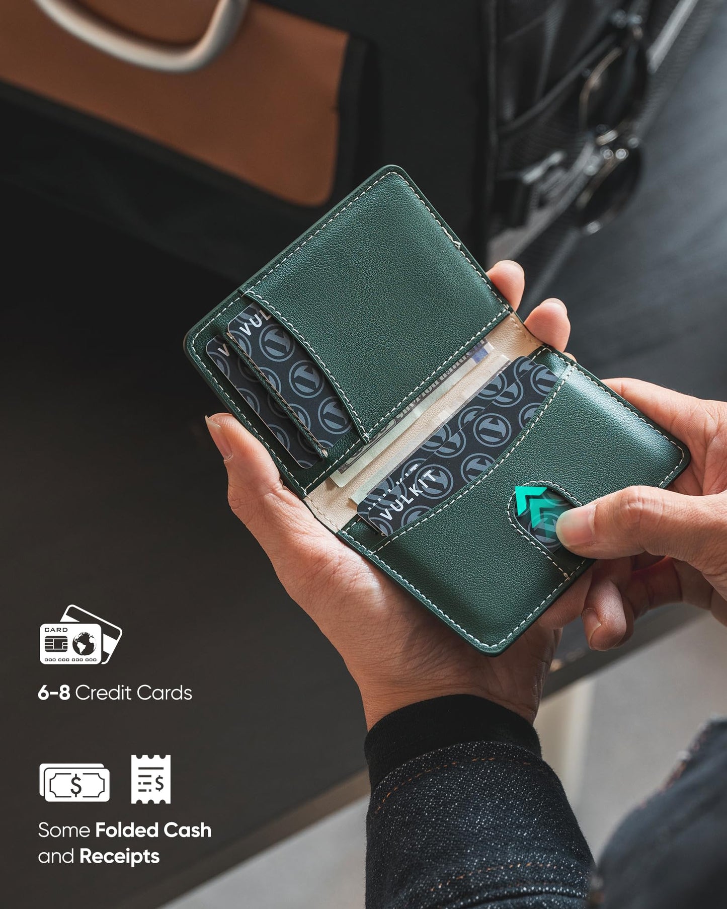 VULKIT Leather Slim Bifold Credit Card Holder for Max 8 Cards, Green