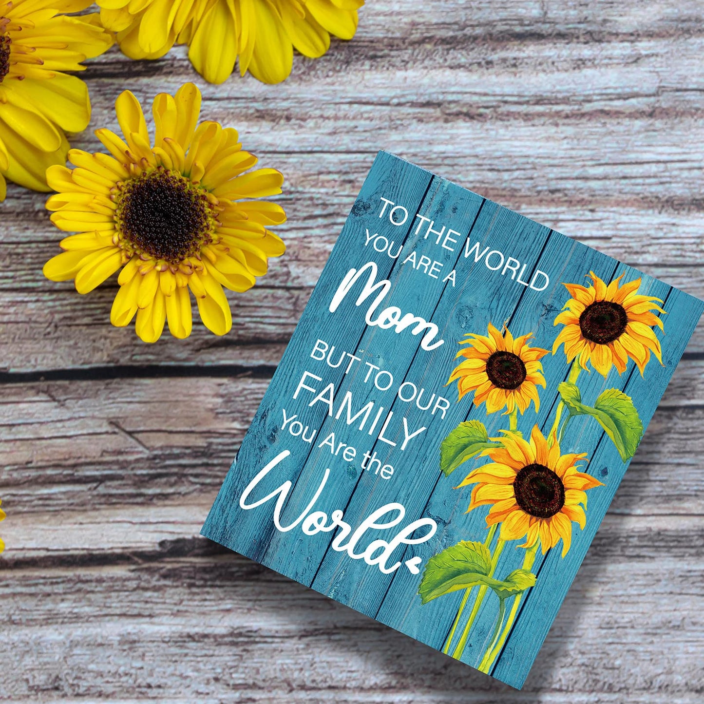 Shellwei Christmas Mom Gift To The World You Are a Mom But to Our Family You Are The World Wood Plaque Sign Mother's Day Gifts Sunflower Wooden Mother Signs Xmas Gifts from Son Daughter
