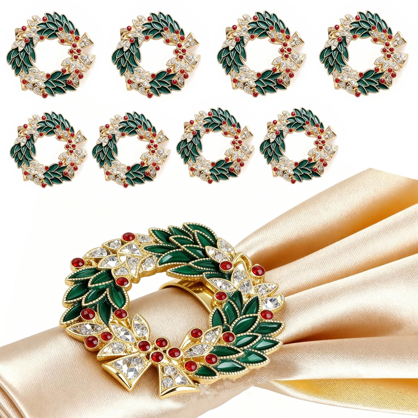 Christmas Wreath Napkin Rings Set of 8, Enamel Berry Gold Alloy Napkin Holders, Holiday Table Decor for Christmas Dinner Place Settings