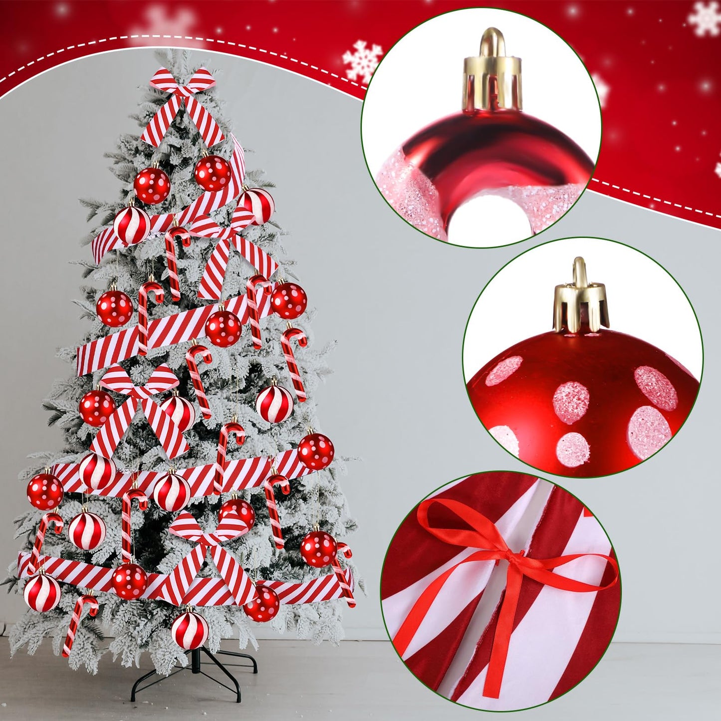 Shappy 38 Pcs Christmas Tree Ornaments Sets, Candy Cane Red White Stripes Xmas Tree Hanging Decorations, Plastic Xmas Ball Variety Shapes with Ribbon New Year Holiday Party Supplies(Cute,39.4'')