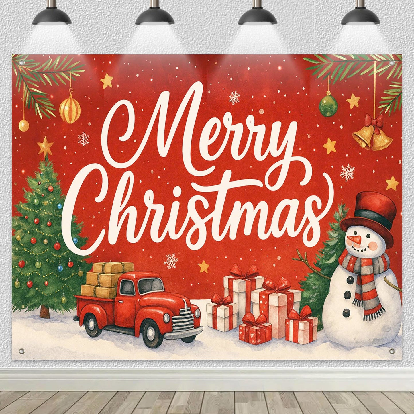 HOMETITUTE Red Truck Christmas Backdrop 8×6ft Snowman Gift Tree Holiday Party Banner for Family Photography Winter Decoration Background