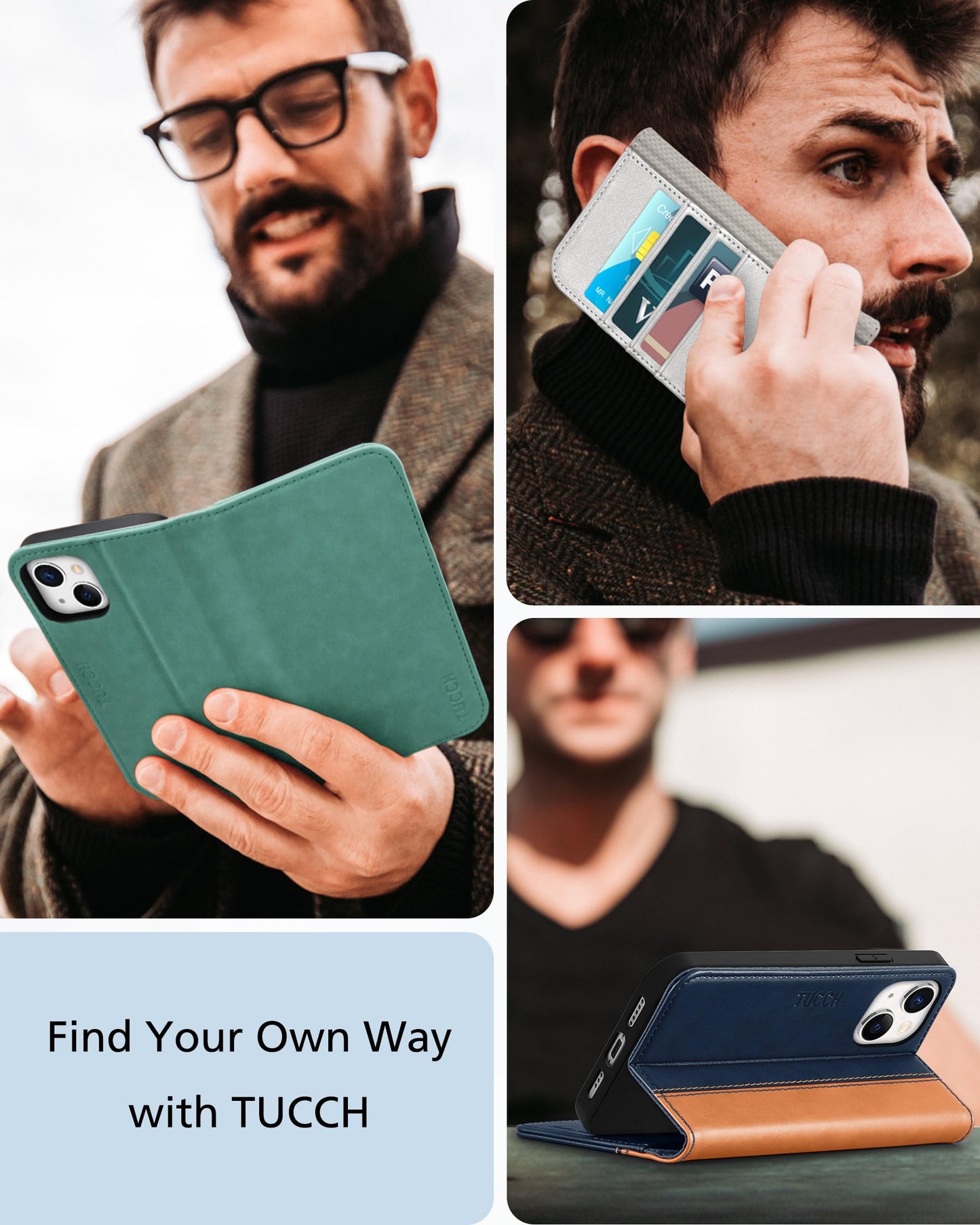 TUCCH Case for iPhone 13 Wallet Case 5G, [Card Holder] Slots Folio PU Leather Cover, Kickstand Flip Case with [TPU Shockproof Interior Case] Compatible with iPhone 13 6.1-inch 2021, Brown & Dark Blue