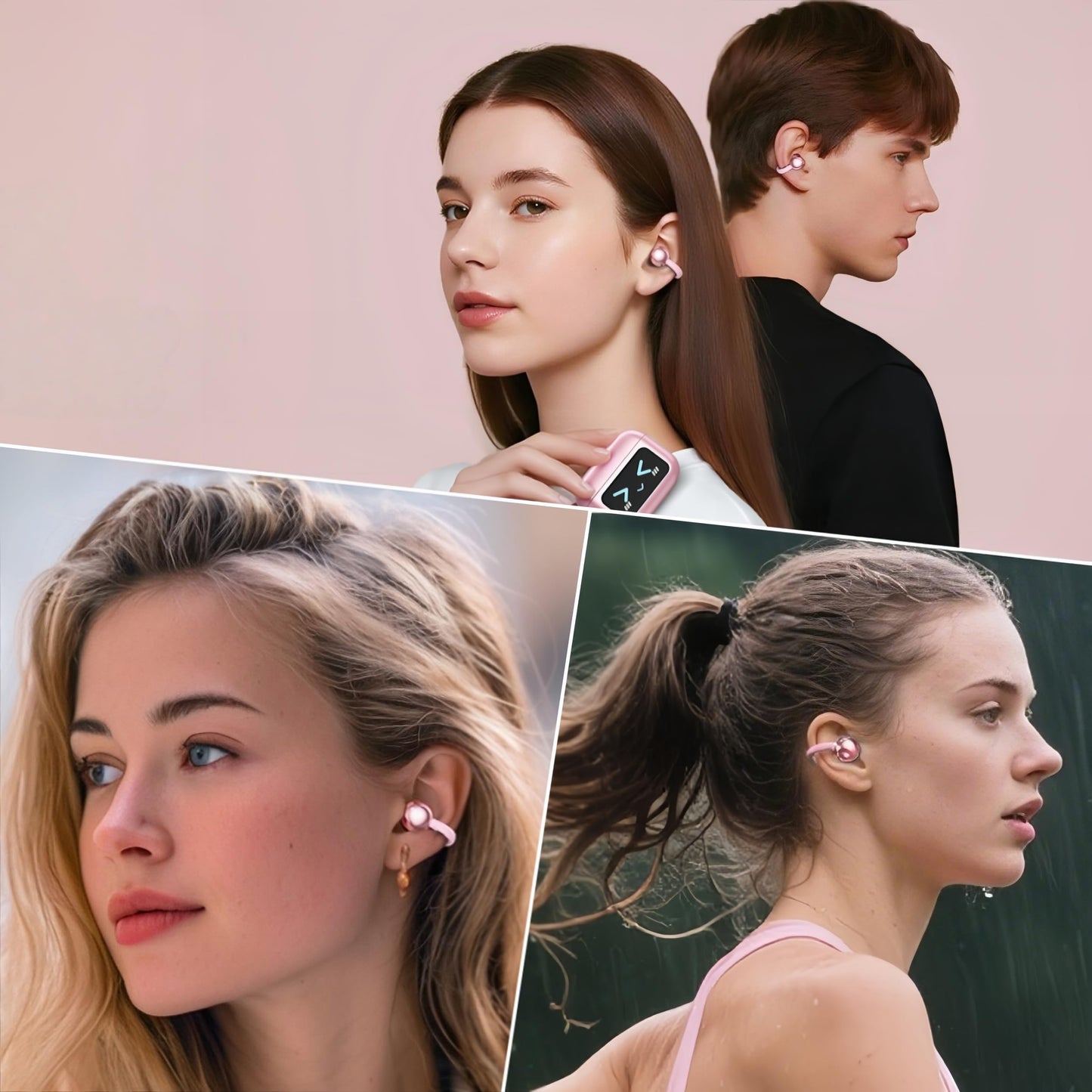 otinsile Open Ear Earbuds,Clip On Earbuds Wireless Bluetooth 6.0 with LCD Touchscreen, Lightweight Comfort Bone Conduction Headphones for Sports, Fitness, and Workouts, Rose Gold