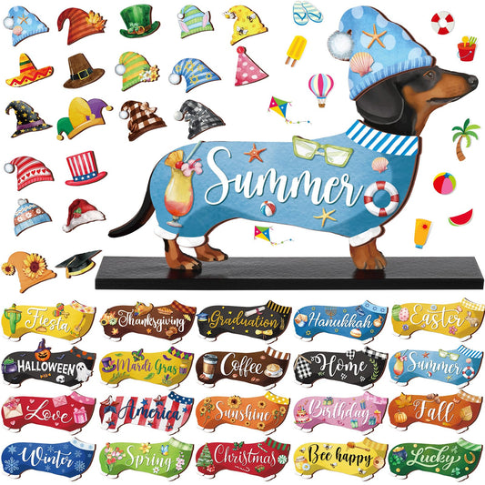 Anglechic 42 Pcs Interchangeable Summer Dachshund Holiday Wiener Dog Decor Seasonal Welcome Sign Tier Tray Decoration Ornament Farmhouse Wood Home Office Desk Accessories for Women Pet Lover Gift