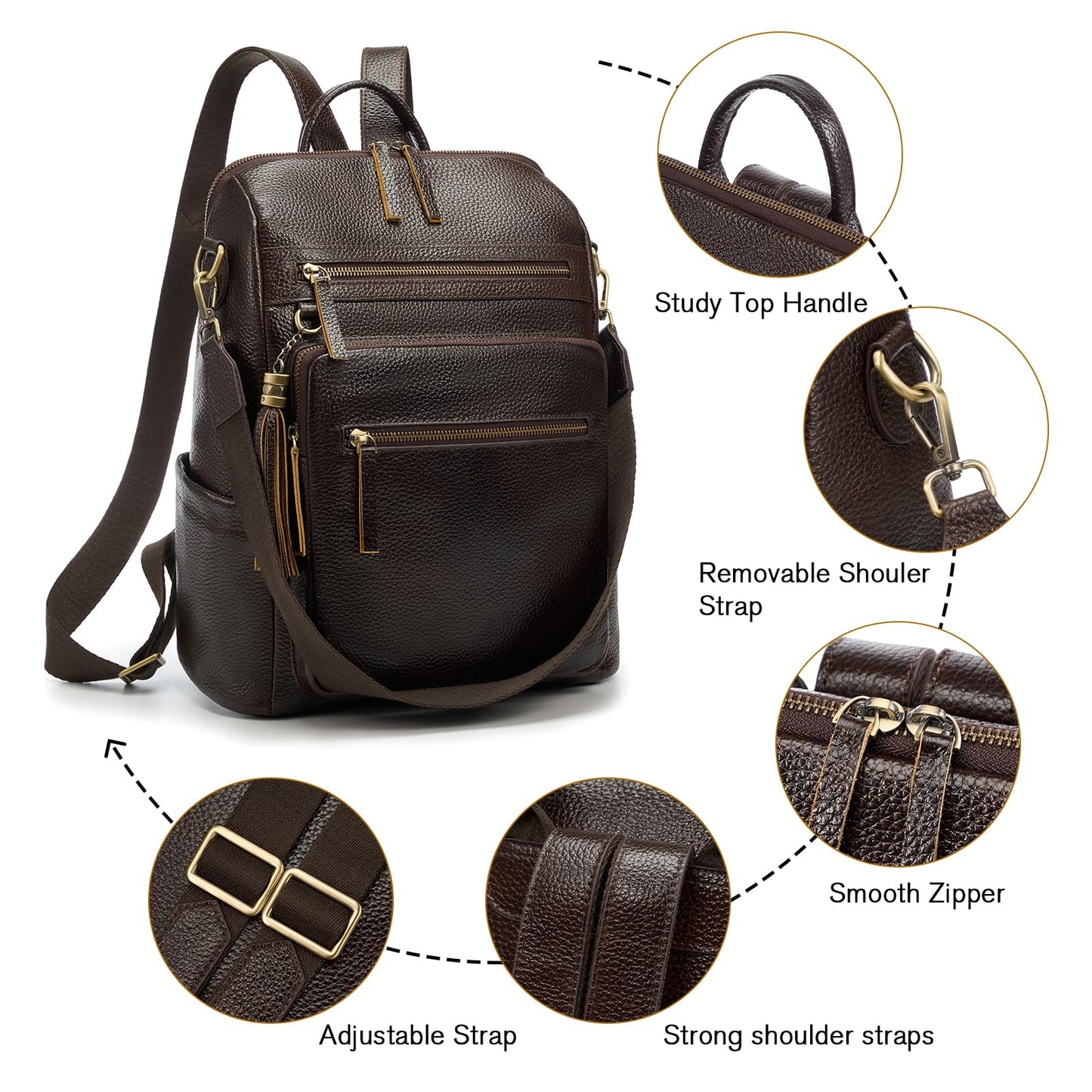 UEIRY Genuine Leather Backpack Purse for Women Convertible Shoulder Bag with Multiple Pockets for Travel Work School（Coffee）