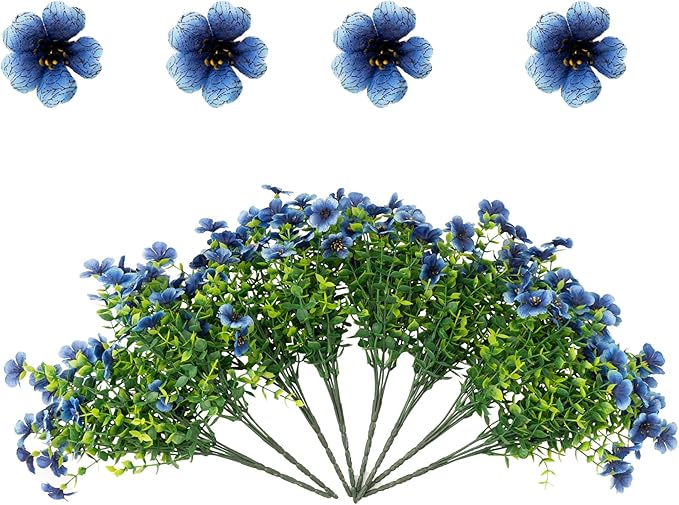 Outdoor Artificial Flowers, 8 Bundles Fake Flowers Autumn Decoration, No Fade Faux Plastic Shrubs for Garden Patio Porch Window Box Decor (Blue)