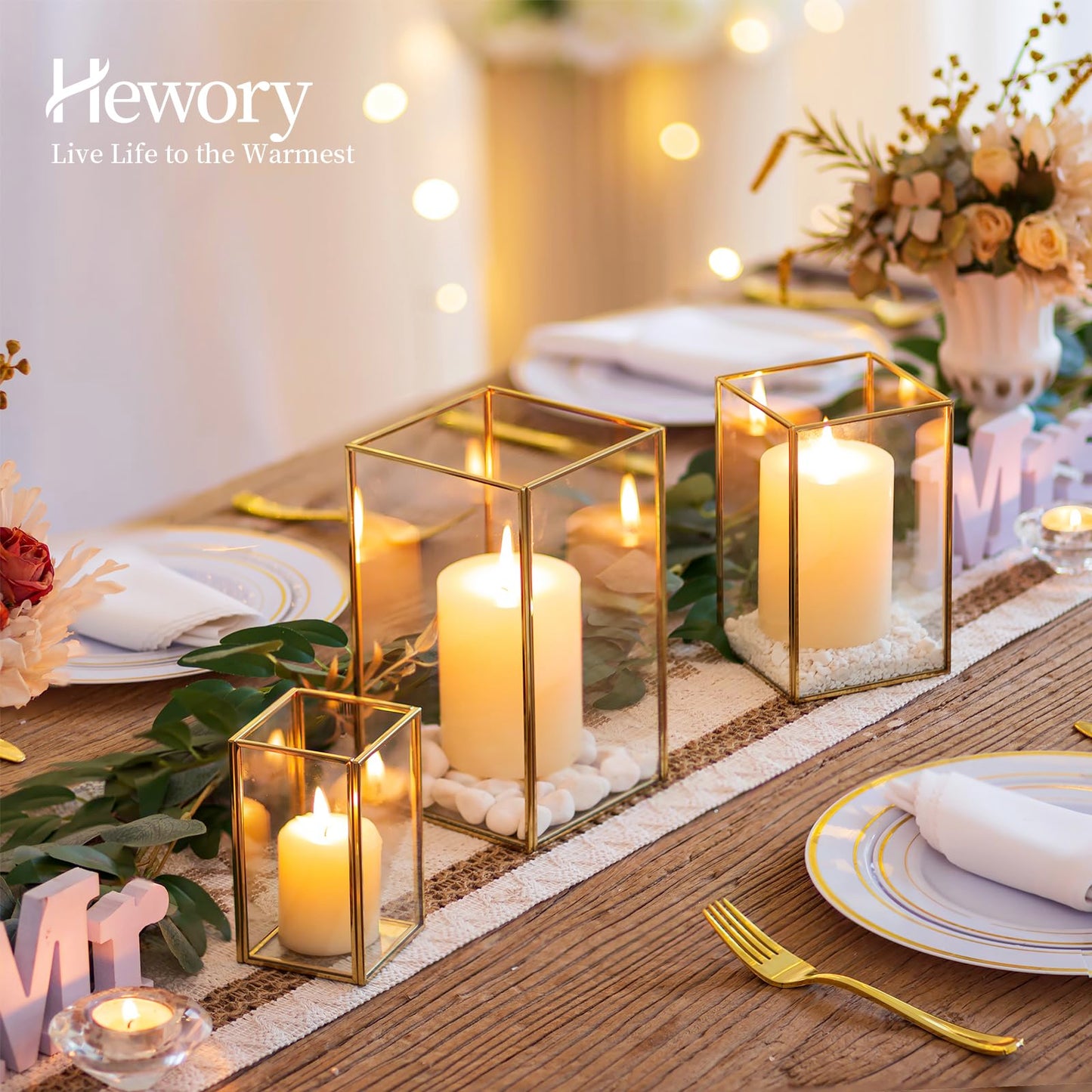 Hewory Glass Hurricane Candle Holder: Gold Hurricane Candle Holders with Metal Frame Square Set of 18, Clear Candle Holder for Table Centerpiece Wedding Christmas Engagement Birthday Party Decorations