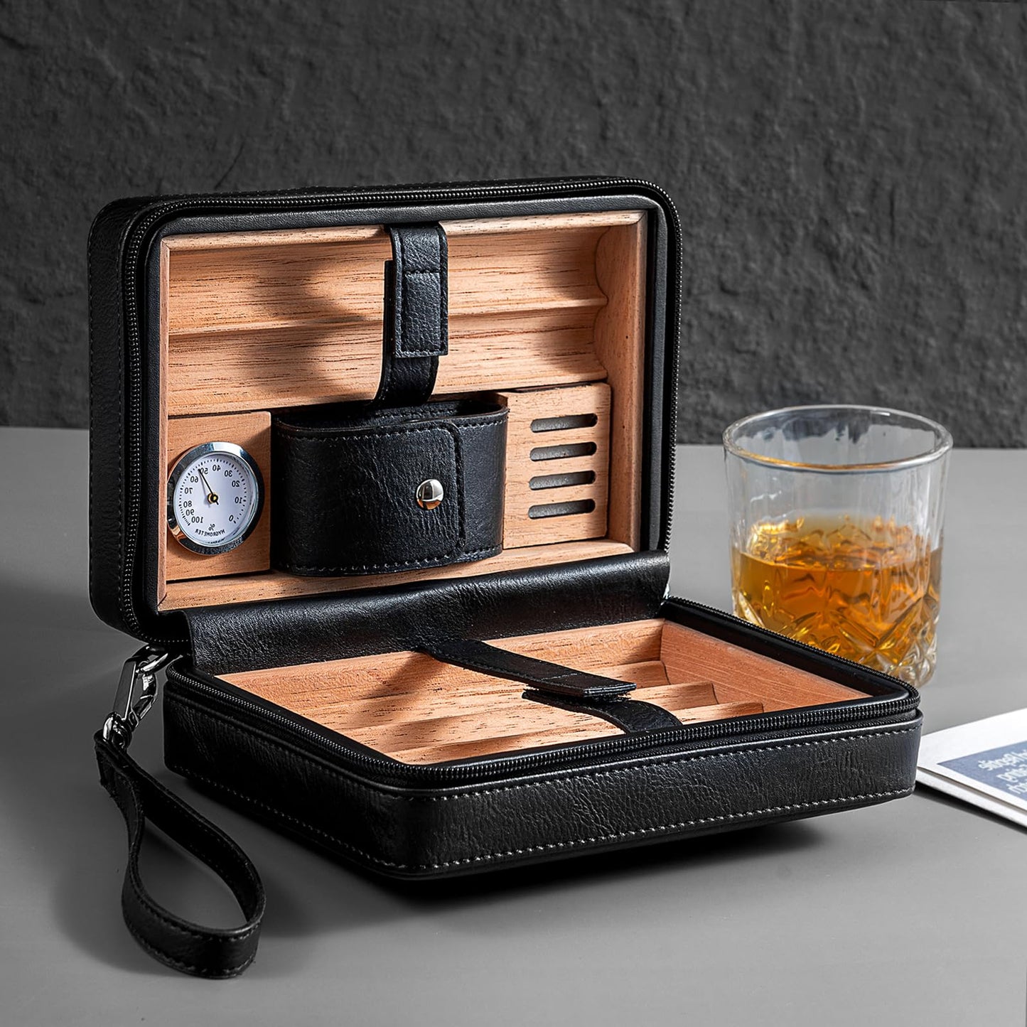 Goshentech Leather cedar cood,Capacity: 6 pcs,portable travel case(Black)