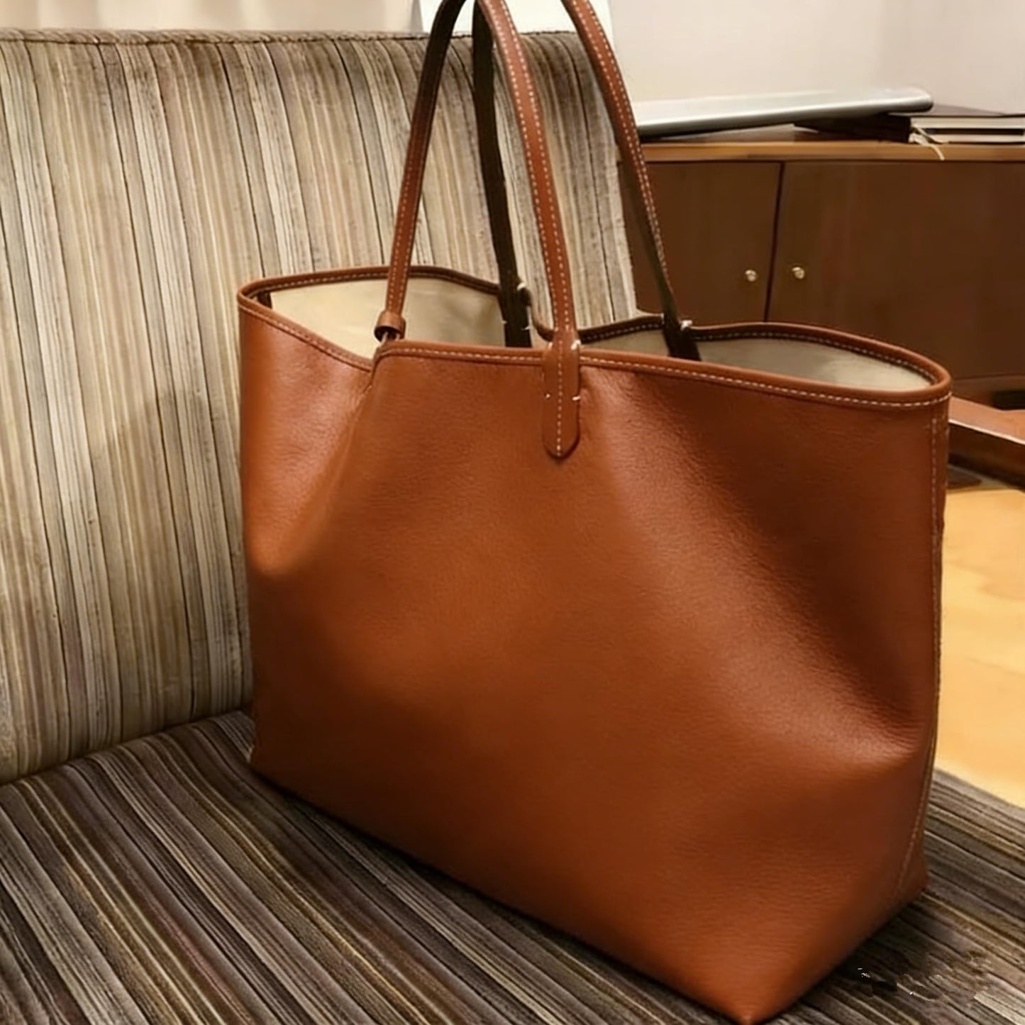 Large Tote Bag for Women Oversized Leather Shoulder Bag, Weekender Travel Work Laptop Tote Purse, Lightweight Shopper Handbag (Brown)