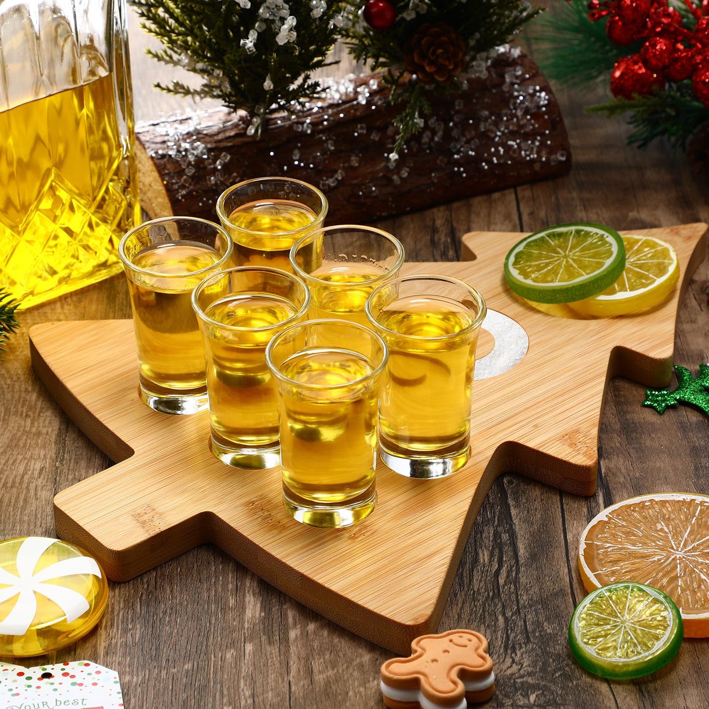 Funnymoom Christmas Tree Mexican Tequila Shot Board with Glasses Set Christmas Wooden Serving Tray with 6 Shot Glasses and Salt Lemon Rim Mexican Tequila Gifts for Xmas Holiday Liquor Party