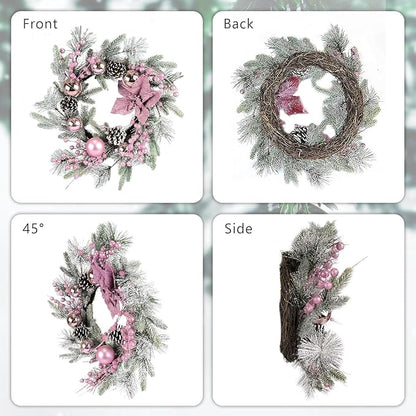 Pink Christmas Wreath 20 Inch Christmas Door Decorations Wreath Set of 2 with Christmas Balls, Pine Cones, Golden Twigs, Pine Needles and Silver Berries,Perfect for Front Door, Indoor Outdoor Use