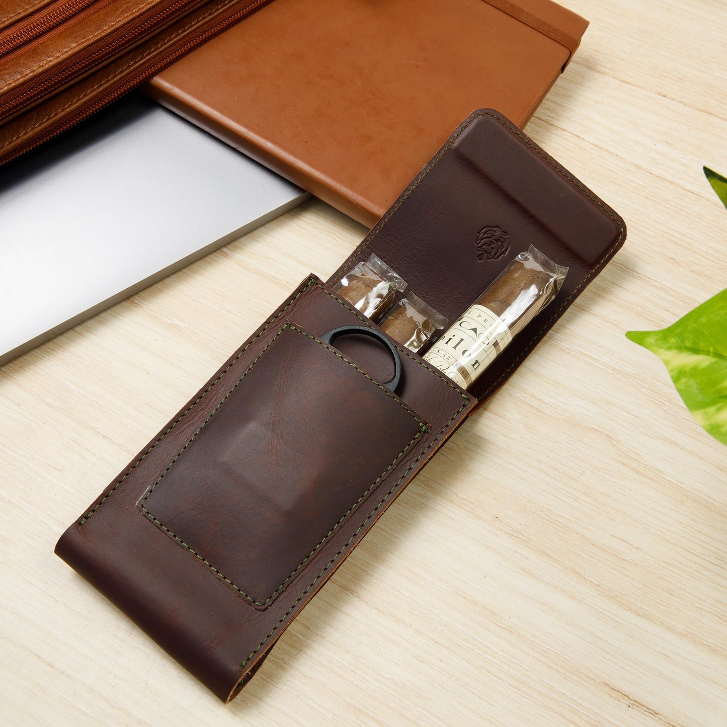 Havee Havanos Three Slot Cigar Case with Cutter Slot and Magnetic Closure - Handmade Genuine Leather Portable Cigar Accessory for Storage and Travel - Brown