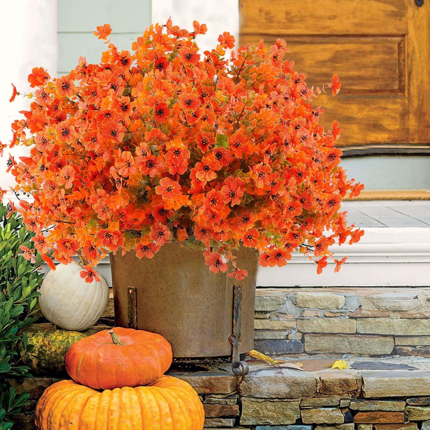 Rowfad 18 Pcs Artificial Mums Flowers Outdoor Plastic Fall Flowers Fake Mums Autumn Greenery Flower for Porch Window Box Farmhouse Thanksgiving Home Decor ((18, Orange)