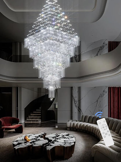 Flashing God D48''X H120'' Extra Large Chandeliers for High Ceilings Square Crystal Raindrop Gold Chandeliers Large Villa Chandelier Entrance Foyer Ceiling Light LED Dimmable 2700K-6000K