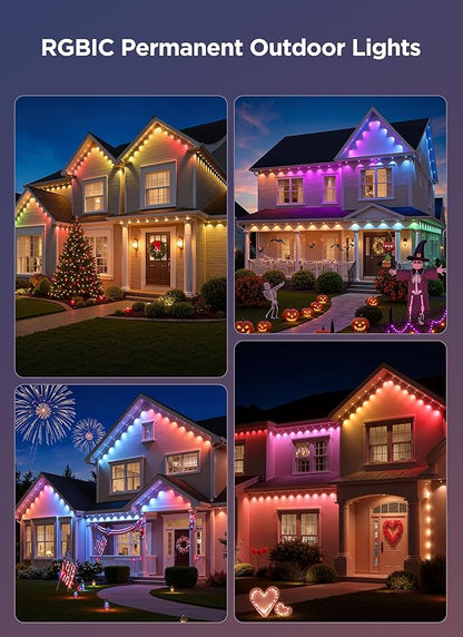 Permanent Outdoor Lights, 200FT with 128 Smart RGBIC LED Lights, DIY Scene Mode, IP68 Waterproof Christmas Light for Daily and Accent Lighting, Outdoor Decor, House Roof, Holiday Decorations