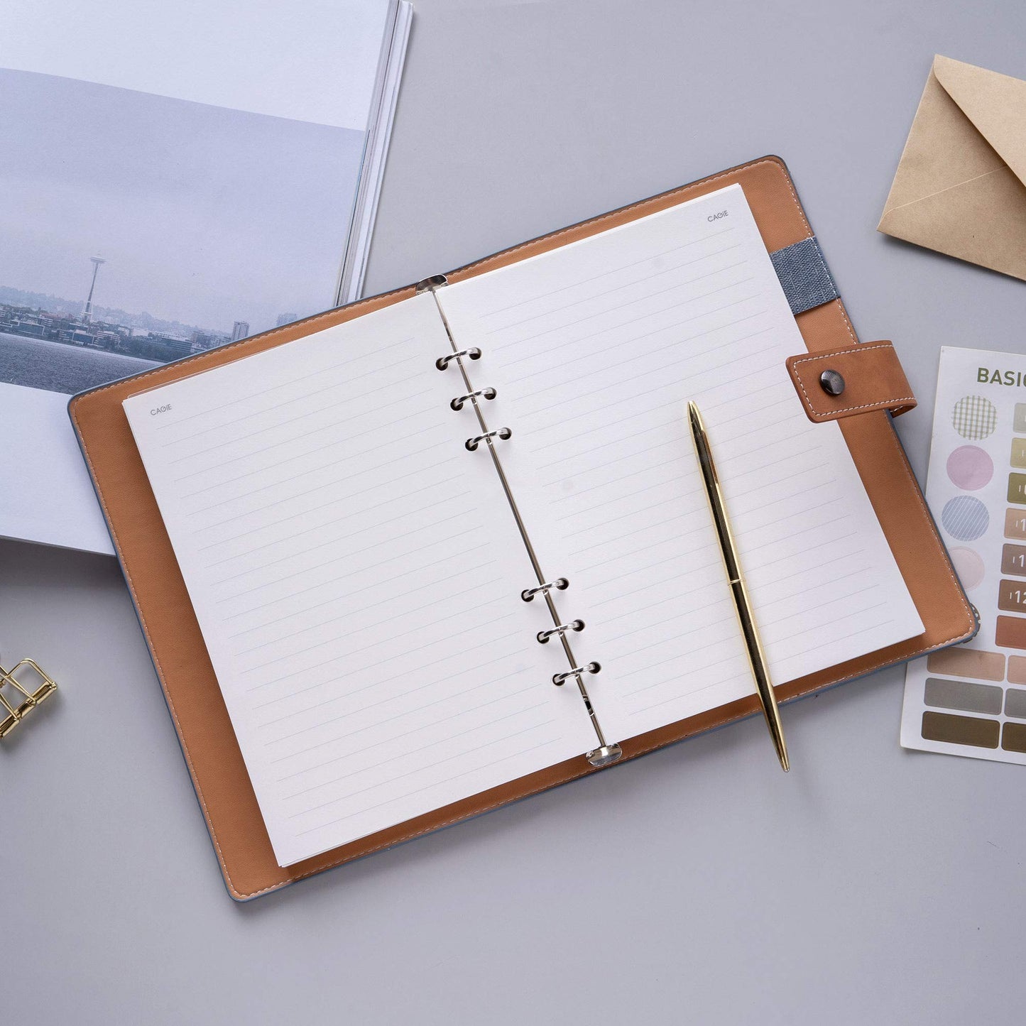 CAGIE A5 Refillable Faux Leather Traveler Notebook Binder Journals 6 Ring Binder Personal Organizer Travel Diary for Women Men Lined Grid Blank Paper with Calendar