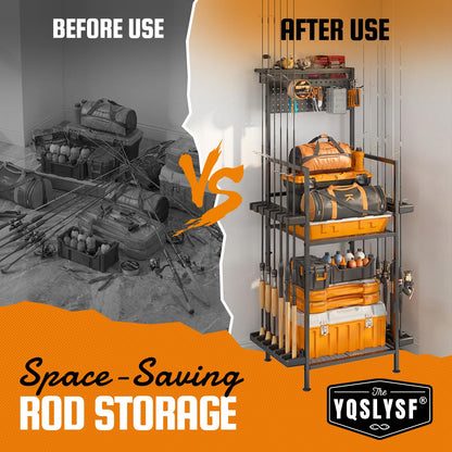 YQSLYSF Fishing Rod Holders for Garage with Pegboard & Metal Mesh Basket, Fishing Rod Storage Rack, Vertical Fishing Pole Holder for Up to 12 Poles, Tackle Gear Organizer