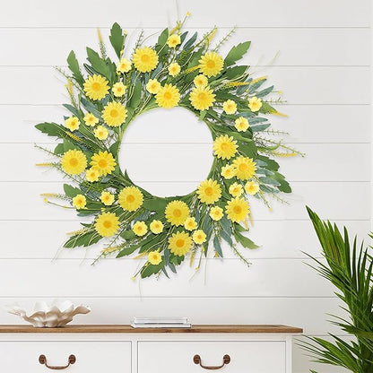 Front Door Wreath for Spring Summer 22"-24" Yellow Daisy Wreath with Artificial Greenery and Wildflowers - Farmhouse Floral Wreaths for Wall Porch Home Indoor Outdoor Décor