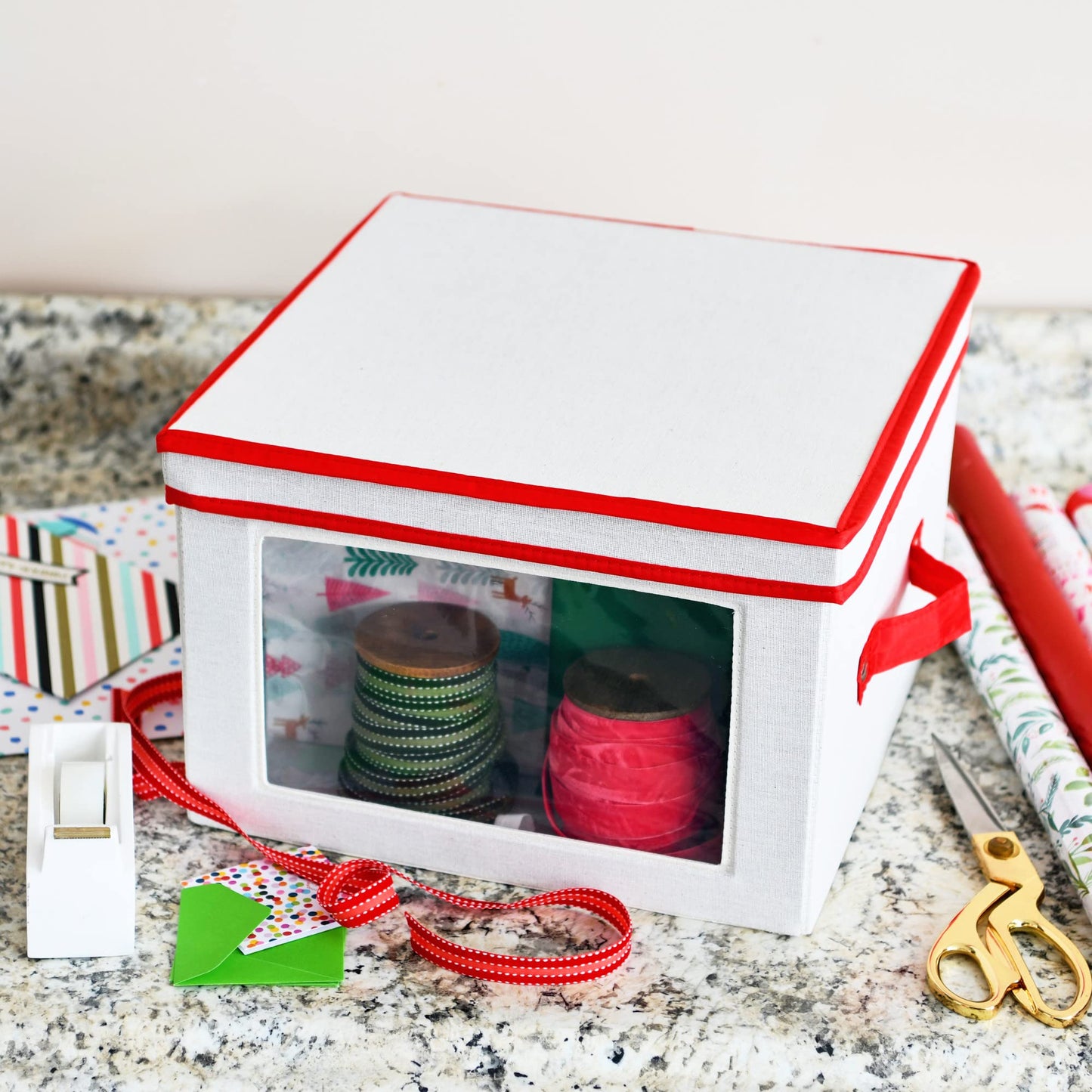 Household Essentials Medium Candy Cane Ornament Storage Box in Cream Polyester and Cardboard