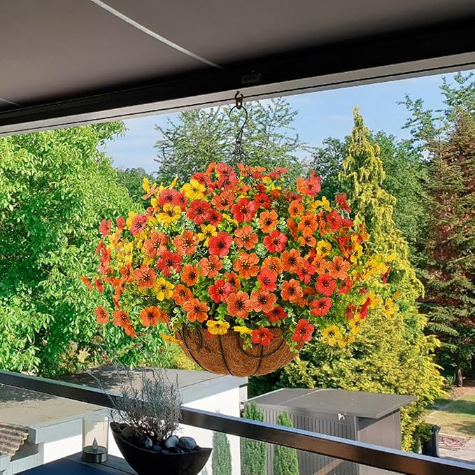 Artificial Faux Hanging Plants Flowers Basket for Fall Outdoor Decoration, Fake Silk Daisy in Planter Realistic UV Resistant Look Real for Porch Home Patio Balcony Yard(Red Orange Yellow)