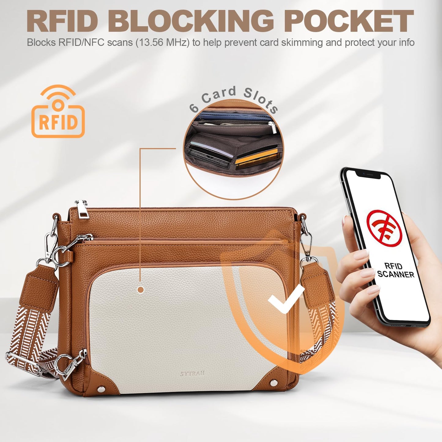 SYTRAH Anti-Theft Crossbody Purse for Women, Crossbody Shoulder Bag with Built-in Wallet & RFID Blocking for Travel Workout Beige Brown