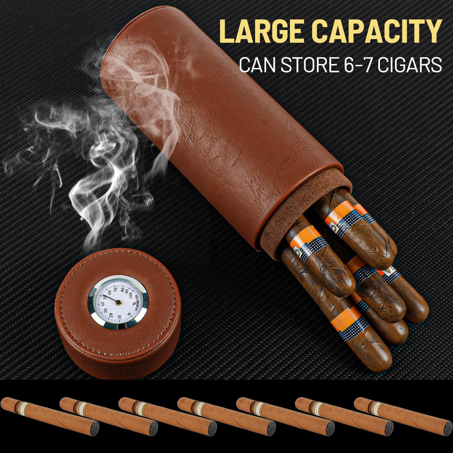 Premium Brown Cylindrical Cigar Humidor with Hygrometer and Cedar Wood Lining, Sealed Portable Leather Cigar Humidifier for Travel Cigar Case and Home Use Father's Day, boyfriends，Christmas