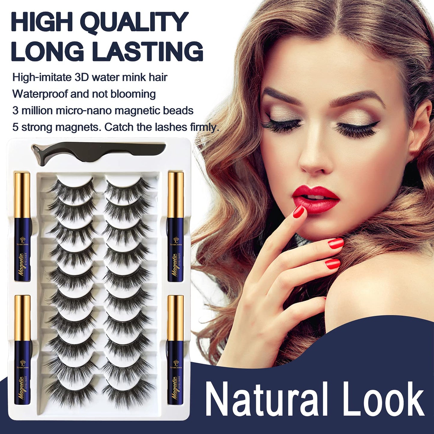 SevenCrown Magnetic Lashes with Eyeliner Kit - 10 Pairs 3D Medium Cat Eye Lashes - Upgraded Magnetic Liner Long Lasting,Natural Look - Reusable Magnetic Eyelashes Kit with Applicator, Easy to Apply