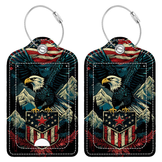 Bvkilrvc 2 Pcs Luggage Tag for Suitcase, Eagle American Flag Unique Leather Suitcase Tags with Full Privacy Cover Stainless Steel Loop for Women Men Travel Baggage Bag Backpack