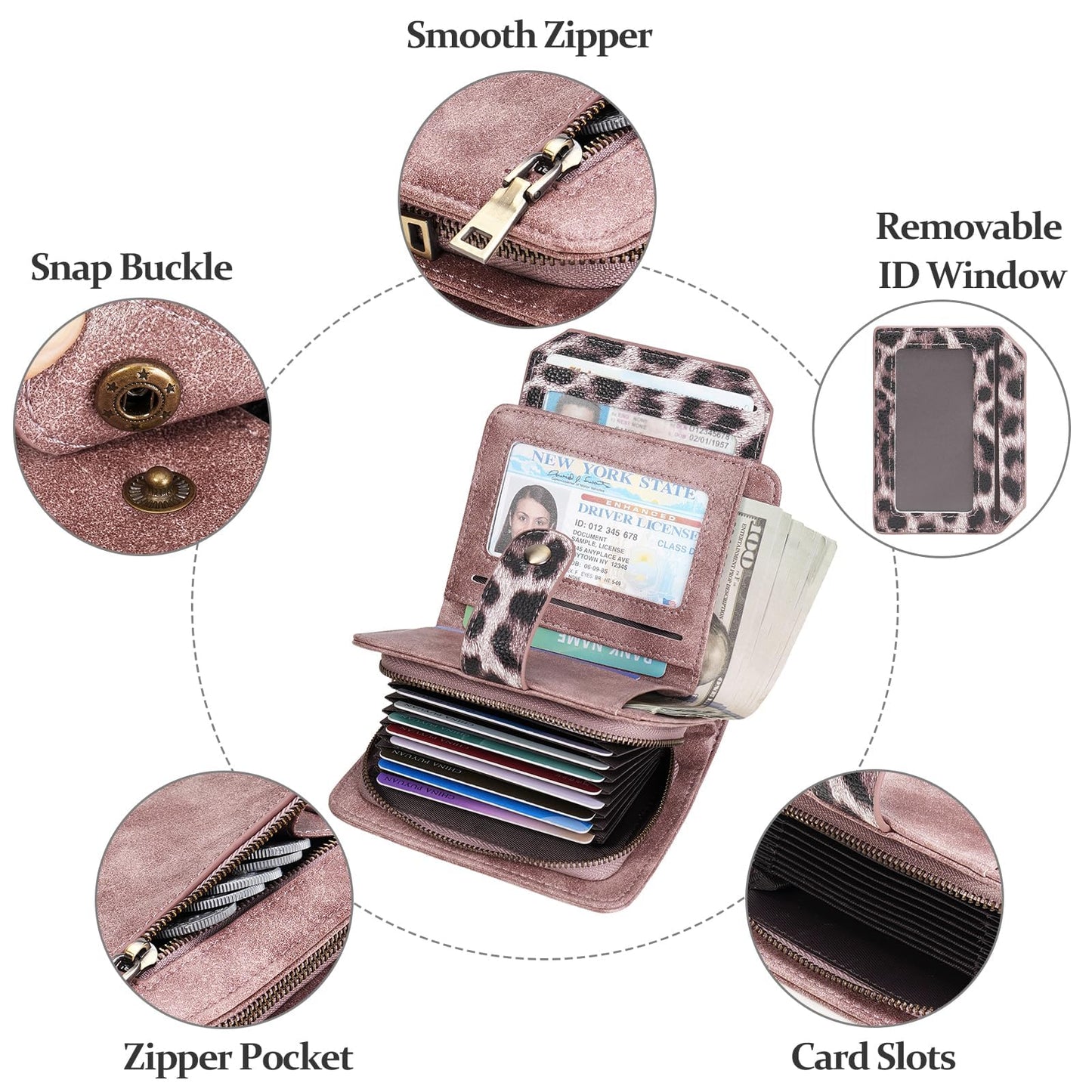 GAEKEAO Small Leather Credit Card Holder Wallets for Women RFID Blocking Bifold Wallet Zipper Pocket with Removable ID Window