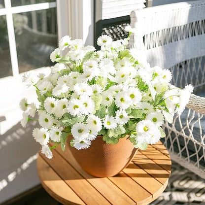 HyeFlora Dahlia Artificial Fall Flowers for Outdoors Autumn Decoration, 6 Bundles Fake Mums White Faux Flowers Plants Realistic UV Resistant Silk Flowers for Outside Planter Front Door Yard Garden