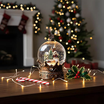 Christmas Snow Globe Lantern Water Glittering Village & Santa Crown with Music, USB Lined/Battery Operated Lighted Lantern for Christmas Festival Decoration Gifts