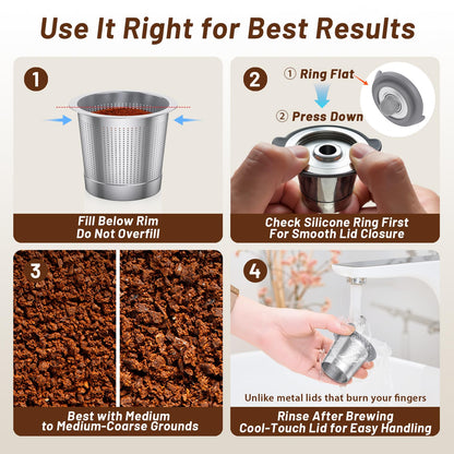 SEACOT ComfortGrip™ Reusable K Cups for Keurig 1.0, 2 Pack Stainless Steel Coffee Pods with Anti-Scald Silicone Lid, 304 Food-Grade Steel, BPA-Free (Not for K-Slim/K-Supreme/Keurig 2.0)