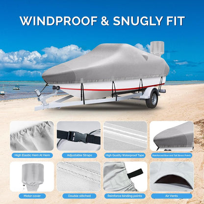 Plscoverit Trailerable Boat Cover, 20'-22' Heavy Duty 1200D Polyester Canvas Boat covers, UV Resistant Waterproof Bass Boat Covers with Motor Cover, Fits V-Hull Tri-Hull Fish & Ski Boat Boat, Runabout